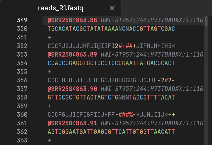 reads_R1.fastq in Crane: bases in four colors, with the uncertain N calls and their low quality scores standing out.